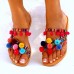 Large Size Summer Women Fur Ball Colorful Bohemian Comfy Flat Sandals