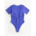 Women Solid Color One Piece Short Sleeve Plunge V  Neck Swimwear