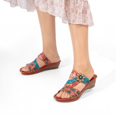  Genuine Leather Handmade Stitching Comfy Bohemian Flowers   Leaves Decor Slip  On Wedges Sandals