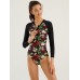 Women Floral Print Front Zipper Sun Protection Long Sleeves Sport Surfing One Piece Swimwear