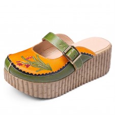  Handmade Leather Ethnic Printing Platform Sandals