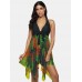 Plus Size Women Tropical Print Halter String Knot Backless Swimdresses