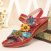  Genuine Leather Handmade Stitching Comfy Bohemian Flowers Decor Hook   Loop Wedges Sandals