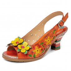  Retro Yellow Flower Hand  Painting Comfy Buckle Heeled Sandals