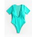 Women Solid Color One Piece Short Sleeve Plunge V  Neck Swimwear