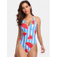 Women Watermelon Print Striped V  Neck Backless One Piece Hot Swimwear