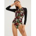 Women Floral Print Front Zipper Sun Protection Long Sleeves Sport Surfing One Piece Swimwear